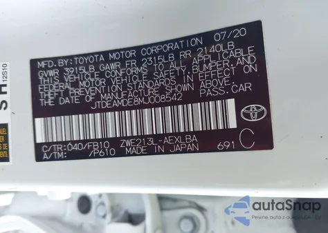 2021 Toyota Corolla Hybrid Le z USA, uszkodzony, nr VIN JTDEAMDE8MJ008542